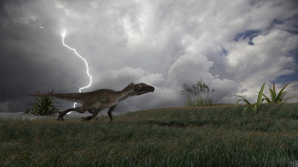 Utahraptor running across an open field during a lightning storm Canvas Art - Kostyantyn IvanyshenStocktrek Images (38 x 22)