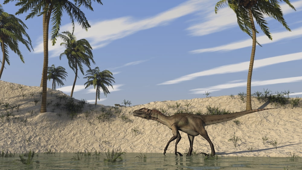Utahraptor walking along the shoreline Canvas Art - Kostyantyn IvanyshenStocktrek Images (19 x 11)