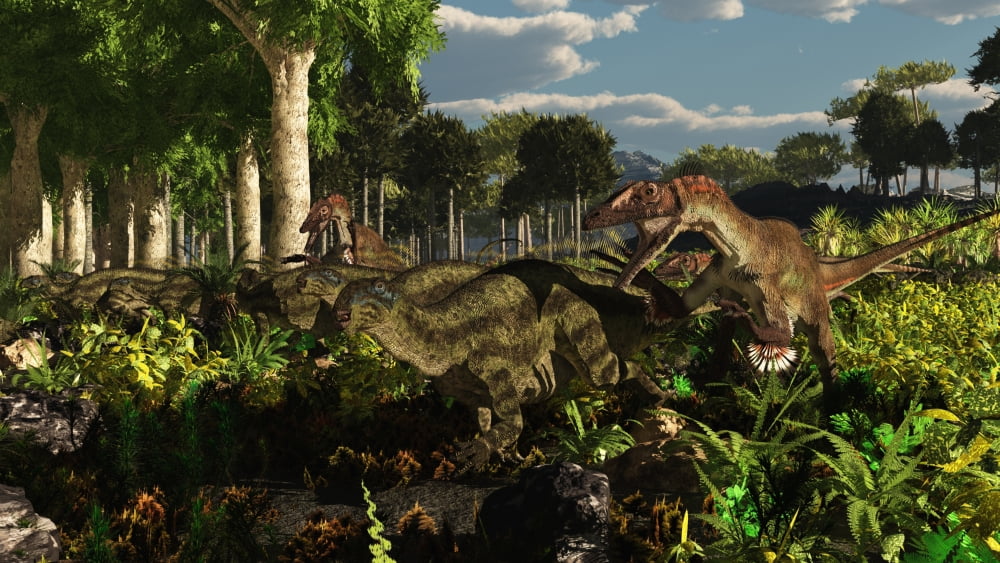 Utahraptors hunting the early iguanodonts Tenontosaurus Canvas Art - Arthur DoretyStocktrek Images (19 x 11)