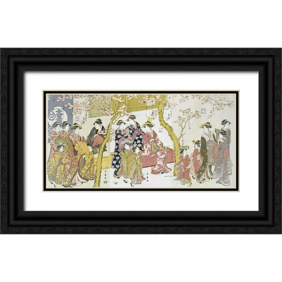 Utamaro, Kitagawa 24x14 Black Ornate Wood Framed with Double Matting Museum Art Print Titled - Three Groups of Courtesans With Their Shinzo and Kamuro