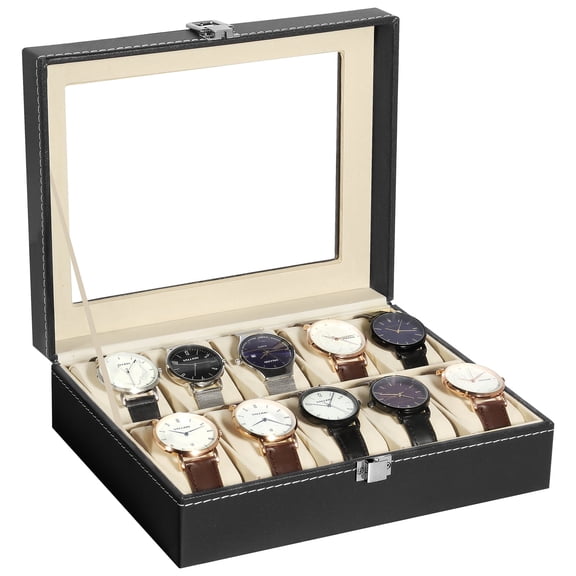 Uten 10-Slot Watch Box for Men, PU Leather Locking Watch Display Case with Large Glass Top & Removable Pillows, Jewelry Organizer with Velvet Lining, Black