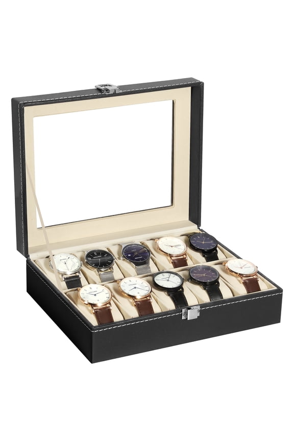 Uten 10-Slot Watch Box for Men, PU Leather Locking Watch Display Case with Large Glass Top & Removable Pillows, Jewelry Organizer with Velvet Lining, Black