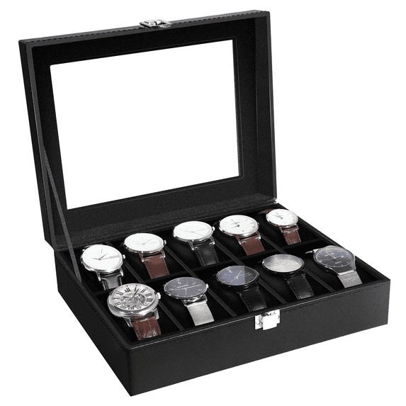 Uten 10-Slot Watch Box Display Case Watch Holder for Men, PU Leather Jewelry Collection Box, Black