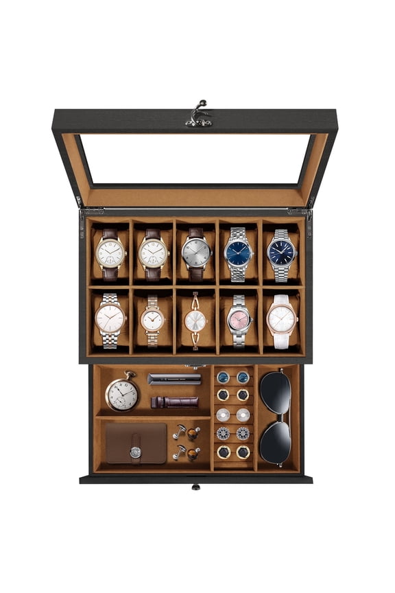 Uten 10-Slot Wooden Watch Box with Drawer, 2-Layer Display Case with Large Glass Top & Velvet Lining for Watches, Jewelry & Sunglasses, Black