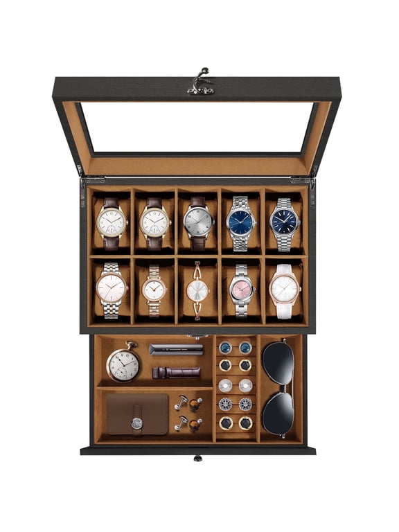10-Slot Watch Box with Drawer, 2-Layer Wooden Watch Case Organizer with Glass Top & Velvet Lining for Watches, Jewelry & Sunglasses, Black