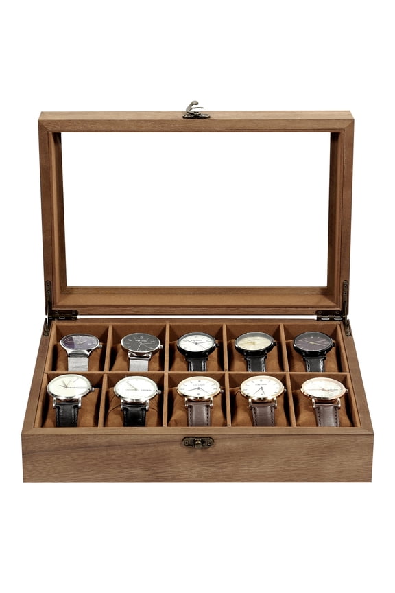 Uten 10-Slot Solid Wood Watch Box with Removable Pillows & Glass Lid, Luxury Display Case and Jewelry Organizer for Men, Brown