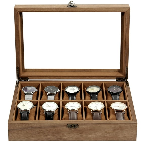 Uten 10-Slot Solid Wood Watch Box with Removable Pillows & Glass Lid, Luxury Display Case and Jewelry Organizer for Men, Brown