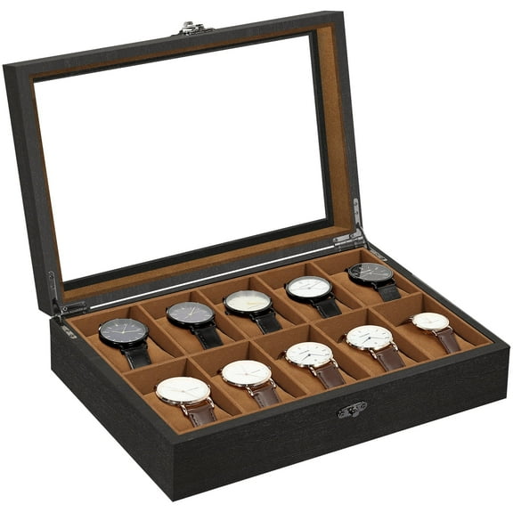 Uten 10-Slot Luxury Wooden Watch Box with Glass Top, Watch Collection & Display Case with Removable Pillows & Velvet Lining, Black