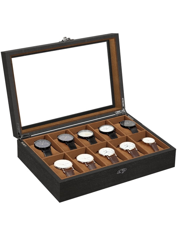 Uten 10-Slot Luxury Wooden Watch Box with Glass Top, Watch Collection & Display Case with Removable Pillows & Velvet Lining, Black