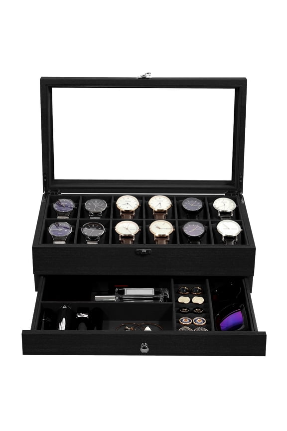 Uten 12-Slot Watch Box with Glass Top & Storage Drawer, Wooden Display Case & Jewelry Organizer with Removable Pillows & Velvet Lining, Black
