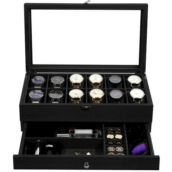 Uten 12-Slot Watch Box with Glass Top & Storage Drawer, Wooden Display Case & Jewelry Organizer with Soft Pillows, Black