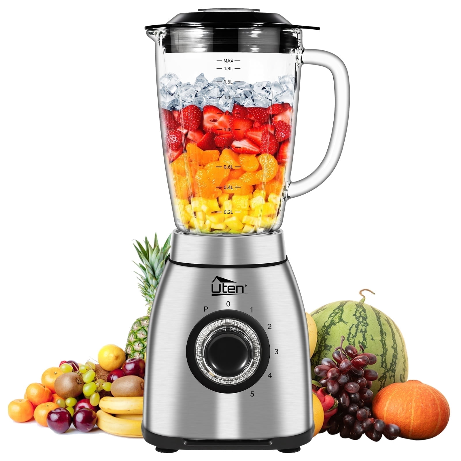 Uten 800W Glass Blender for kitchen with Glass Jar & 6 Stainless Steel Blades, Crush Ice, Make Smoothies, Mince Meat, 60 oz Large Capacity for Family Kitchen