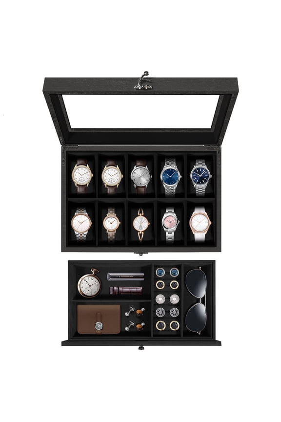 Uten 10-Slot 2-Layer Wooden Watch Box with Glass Lid & Removable Pillows, Luxury Display Case and Jewelry Organizer with Black Velvet Lining, Gift for Watch Lovers, Black