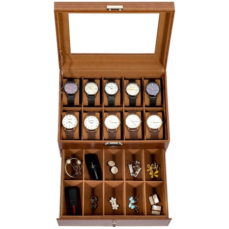 Vowella 20-Slot Watch Box Organizer with Drawer for Men, 2-Layer PU Leather Display Case with Large Glass Top, Removable Pillows & Velvet Lining, Brown