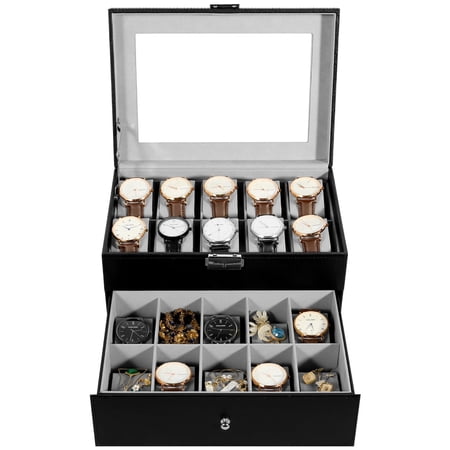 Vowella 20-Slot Luxury Watch Box with Jewelry Storage Drawer, 2-Layer PU Leather Display Case with Glass Top & Velvet Lining, Black