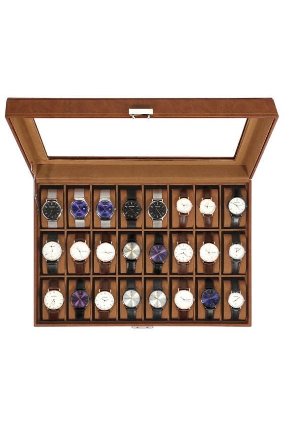 Uten 24 Slot Watch Box with Glass Top, Luxury PU Leather Watch Display Case with Removable Pillows for Watch Collection & Jewelry Storage, Brown