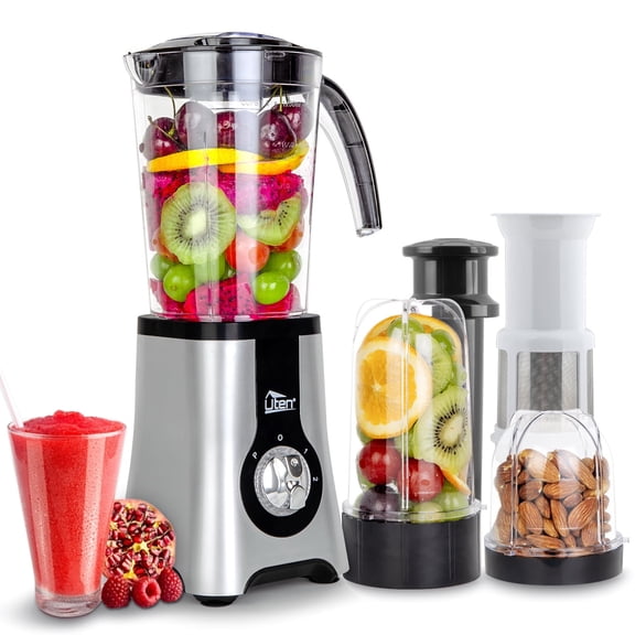 Uten 380W Glass Blender with 40 oz Glass Jar, 4 Stainless Steel Blades to Crush Ice, Make Smoothies, Fresh Juice & Soy Milk, 3-Speed Settings, Easy to Clean, Silver