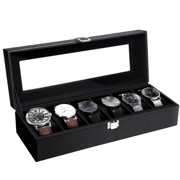 Uten 6-Slot Watch Box Display Case Watch Holder for Men, PU Leather Jewelry Collection Box, Black