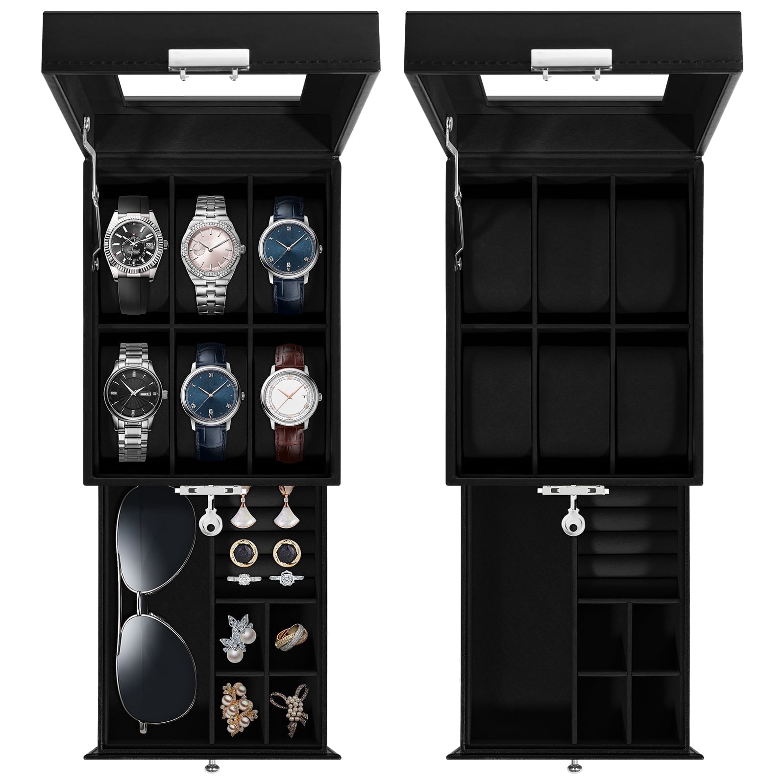 Watch Storage Draw Uten 6-Slot Watch Box with Drawer & Clear Glass Lid, PU Leather Watch ...