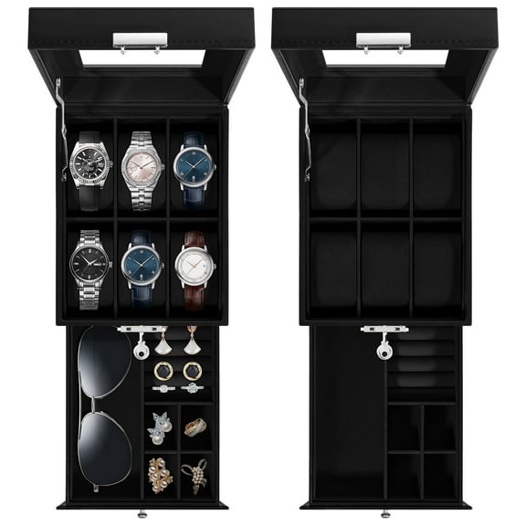 Uten 6-Slot Watch Box with Drawer & Clear Glass Lid, PU Leather Watch Organizer with Soft Velvet Lining, Jewelry Storage Case for Men and Women, Black