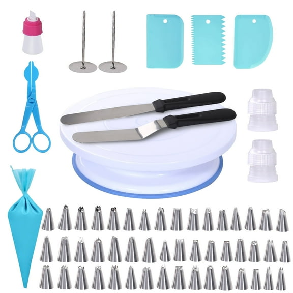 Uten 60 Pcs Cake Turntable Set, Baking Tools with Revolving 10.8" Cake Stand, Frosting Bags, Cake Scrapers, Scissor, Flower Nails, Plastic Nozzles for DIY Birthday Cake Decorating