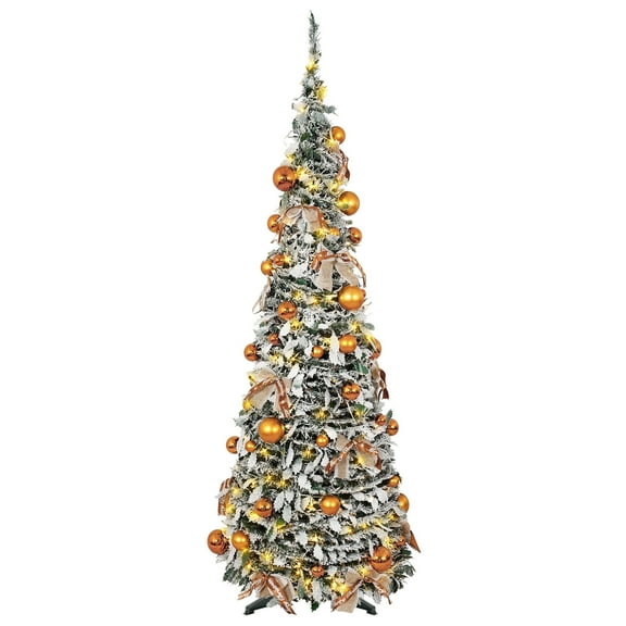 Uten 6ft Pre-lit Pop-Up Snow Flocked Christmas Tree with 200 LED Lights, Easy Setup with Ornaments & Bows, Foldable Artificial Tree for Holiday Home Decor