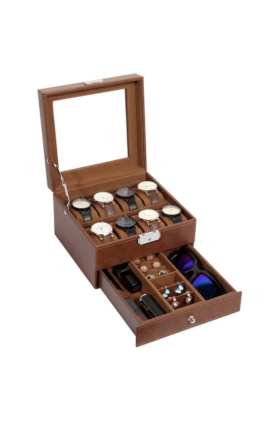 Uten 8-Slot Watch Box for Men with Display Glass Top & Jewelry Drawer, Luxury PU Leather Watch Case Organizer with Velvet Lining, Brown