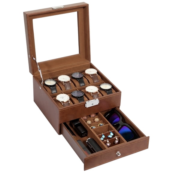 Uten 8-Slot Watch Box for Men with Display Glass Top & Jewelry Drawer, Luxury PU Leather Watch Case Organizer with Velvet Lining, Brown