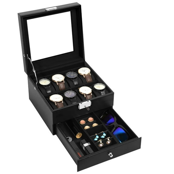 Uten 8-Slot PU Leather Watch Box with Jewelry Drawer, Luxury Display Case with Glass Top & Velvet Lining, Black
