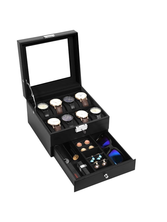 Uten 8-Slot PU Leather Watch Box with Jewelry Drawer, Luxury Display Case with Glass Top & Velvet Lining, Black