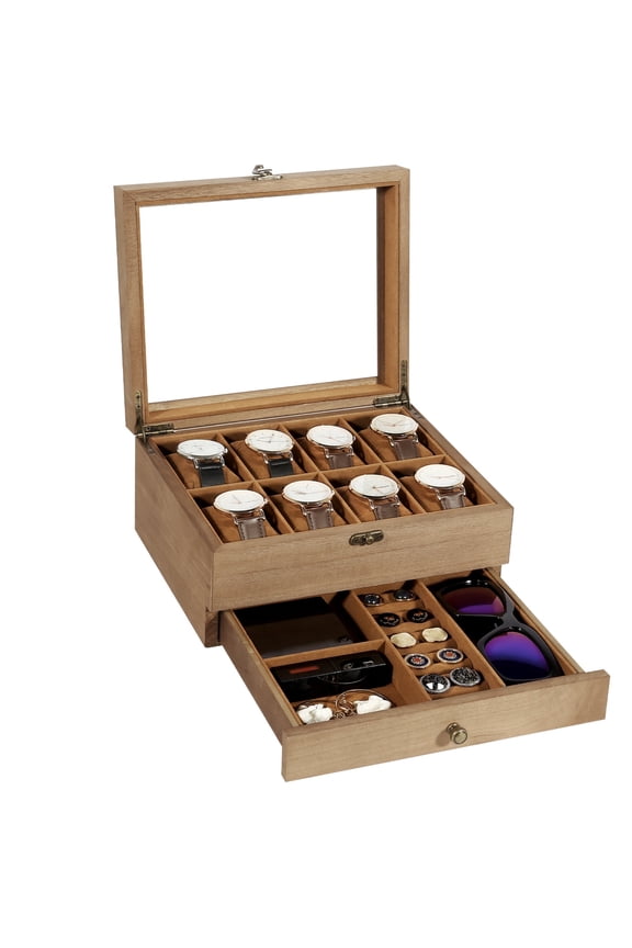 Uten 8-Slot Solid Wood Watch Box with Jewelry Drawer, Luxury Watch Display Case & Storage Organizer for Men with Velvet Lining, Brown