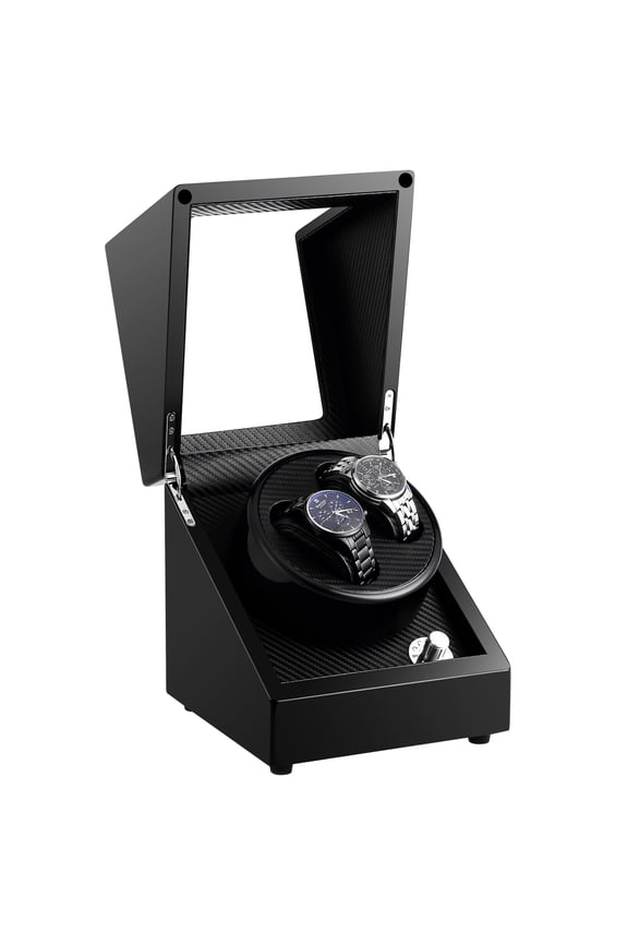 Automatic Double Watch Winder with Quiet Motor, Wooden Rotator Display Case Storage, Black