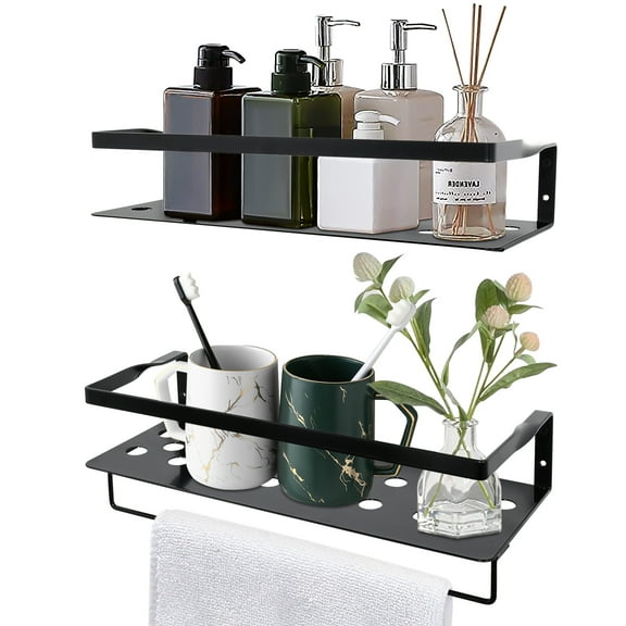 Uten Floating Shelves, Wall Mounted Iron Shelves Set of 2, Bathroom Storage Shelves with Towel Rack, Black