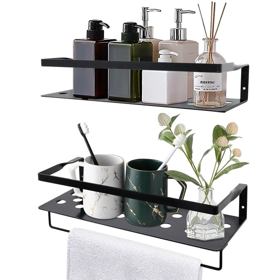 Vowella Floating Shelves, Wall Mounted Iron Shelves Set of 2, Bathroom Storage Shelves with Towel Rack, Black
