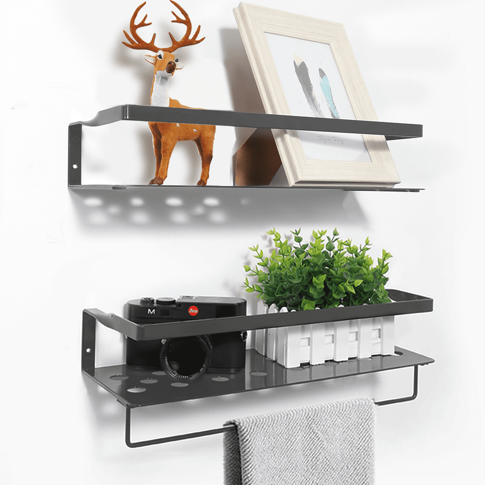 Gray Iron Floating Wall Shelves with Towel Bar, Set of 2