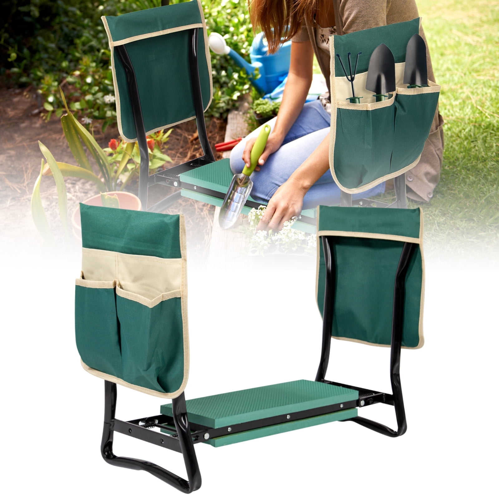 Green and Black Folding Garden Kneeler Seat with Tool Pouch