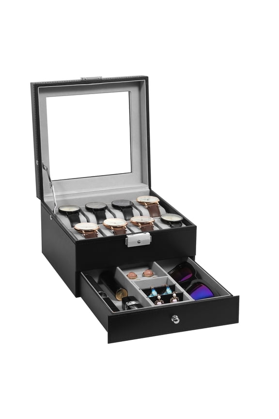 Uten 8-Slot Watch Box for Men, PU Leather Watch Display Case & Jewelry Organizer with Drawer & Glass Top and Soft Velvet Lining, Black