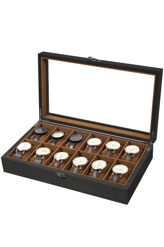 Uten Luxury 12-Slot Watch Display Case, Wooden Storage Box with Glass Lid, Removable Pillows & Brown Velvet Lining (Black)