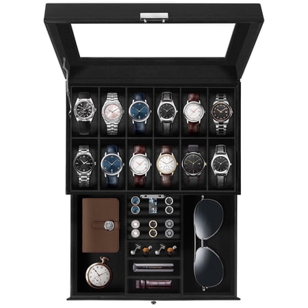 Vowella 12-Slot 2-Layer Watch Box for Men with Drawer, PU Leather Watch Organizer with Glass Top & Removable Pillows for Secure Jewelry Storage, Black
