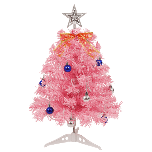 Uten 22" Pink Mini Christmas Tree, Small Tabletop Xmas Tree with Lights & Star Topper, Sturdy Stand, Ribbon Bow and Ball Ornaments for DIY Christmas Decoration