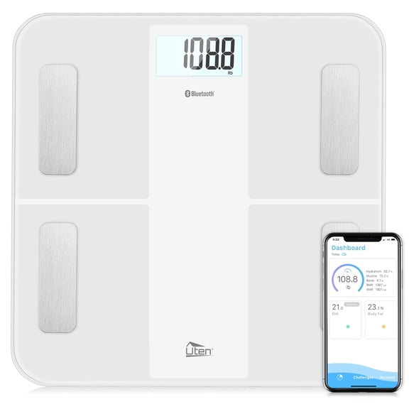Uten Smart Scale For Weight, Bathroom Scale, Bluetooth Body Fat Scale, Highly Accurate Scale With Smartphone App, 400lb Capacity, White