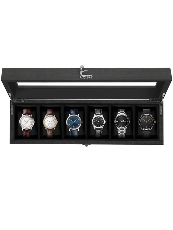 6-Slot Solid Wood Watch Box with Glass Top & Removable Pillows, Watch Display Case & Storage Organizer, Gift for Men, Black