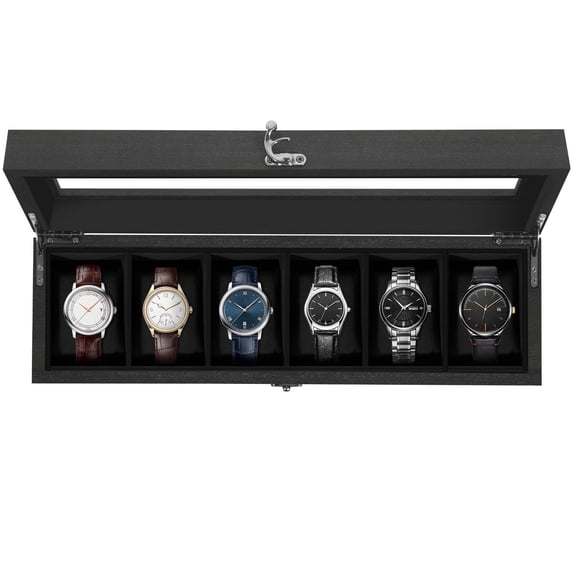 Uten 6-Slot Solid Wood Watch Box with Glass Top & Removable Pillows, Luxury Display Case and Storage Organizer, Black
