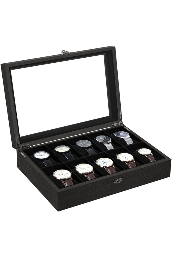 Uten 10-Slot Wooden Watch Box with Large Glass Top & Removable Pillows, Luxury Display Case and Storage Organizer, Black