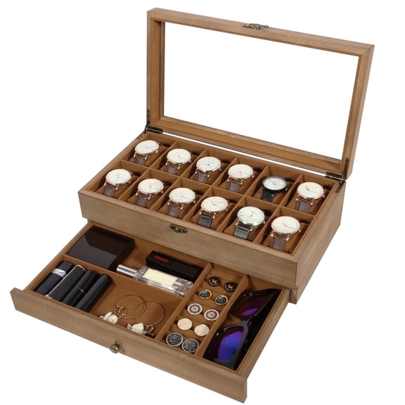Uten 12-Slot Watch Box for Men with Drawer, Luxury Wooden Watch Display Case & Organizer with Glass Top, Removable Pillows & Velvet Lining, Brown