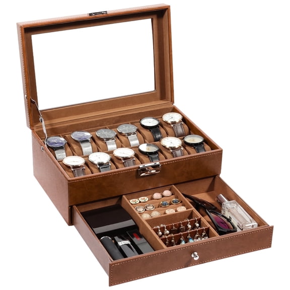 Uten 12-Slot Watch Box for Men, Luxury PU Leather Display Case with Jewelry Storage Drawer & Velvet Lining, Brown