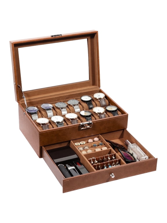 12-Slot Watch Box for Men, PU Leather Watch Case Organizer with Jewelry Storage Drawer & Velvet Lining, Brown