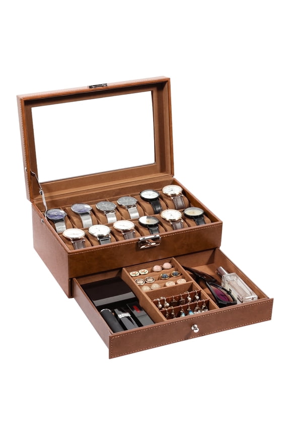 Uten 12-Slot Watch Box for Men, Luxury PU Leather Display Case with Jewelry Storage Drawer & Velvet Lining, Brown