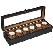 Uten 6-Slot Wooden Watch Box with Glass Top & Velvet Lining, Luxury Display Case Organizer for Men, Ideal Gift for Watch Lovers, Black