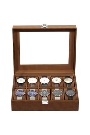 Uten Luxury 10-Slot Watch Box for Men, PU Leather Display Case with Glass Top & Soft Velvet Lining, Jewelry Organizer and Storage Case, Brown